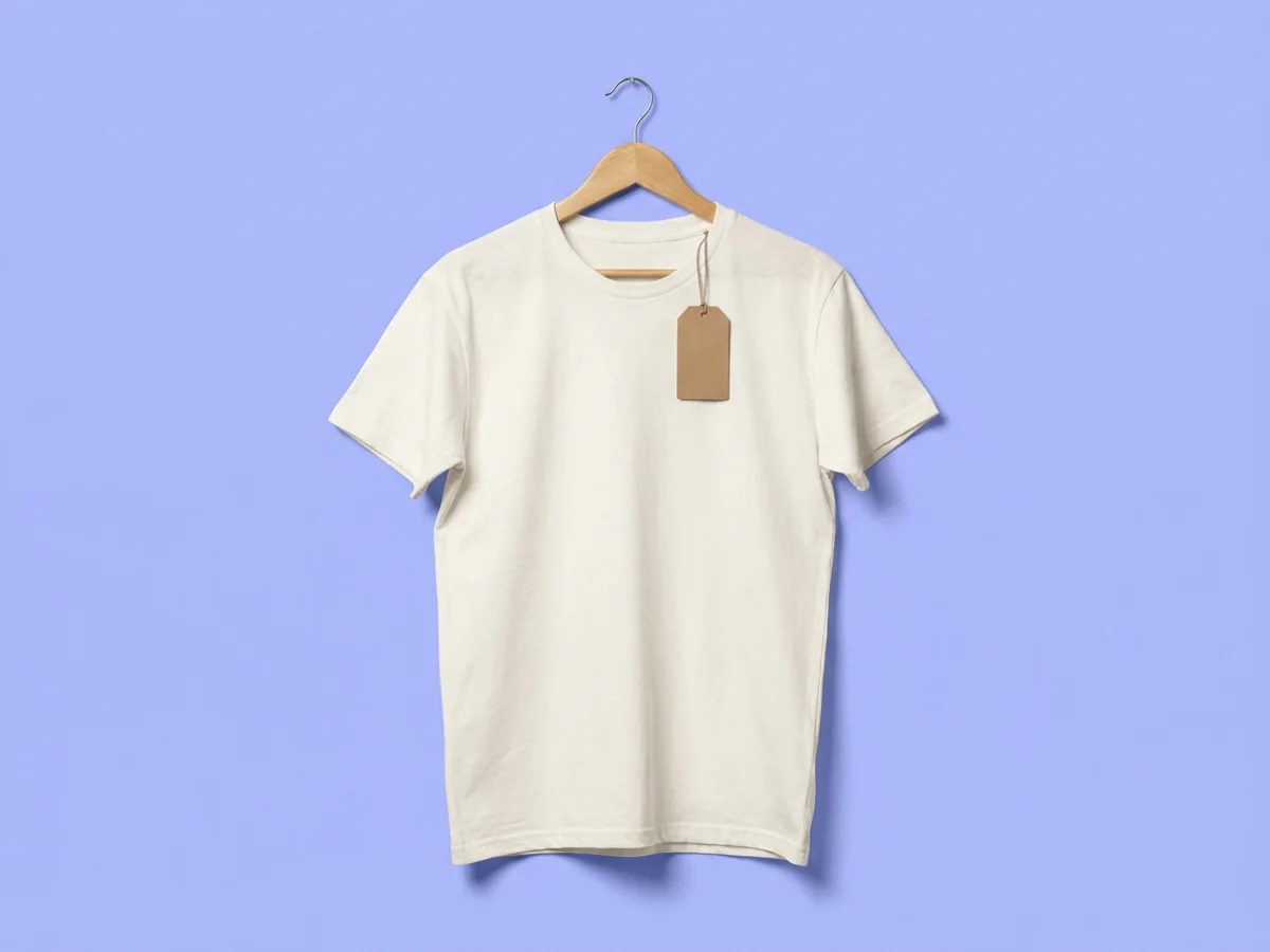 A blank t-shirt on a hanger with a plain swing tag
