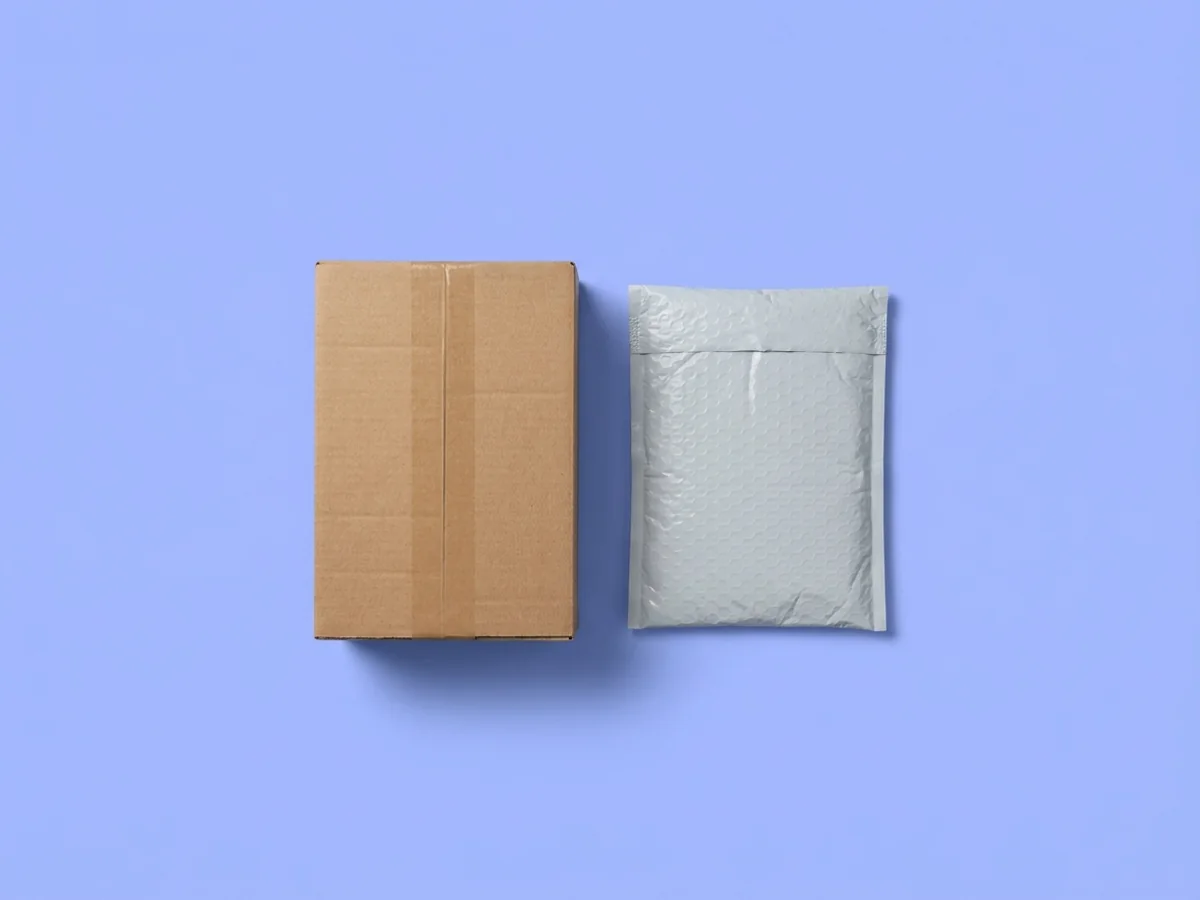 A plain shipping box and a poly mailer